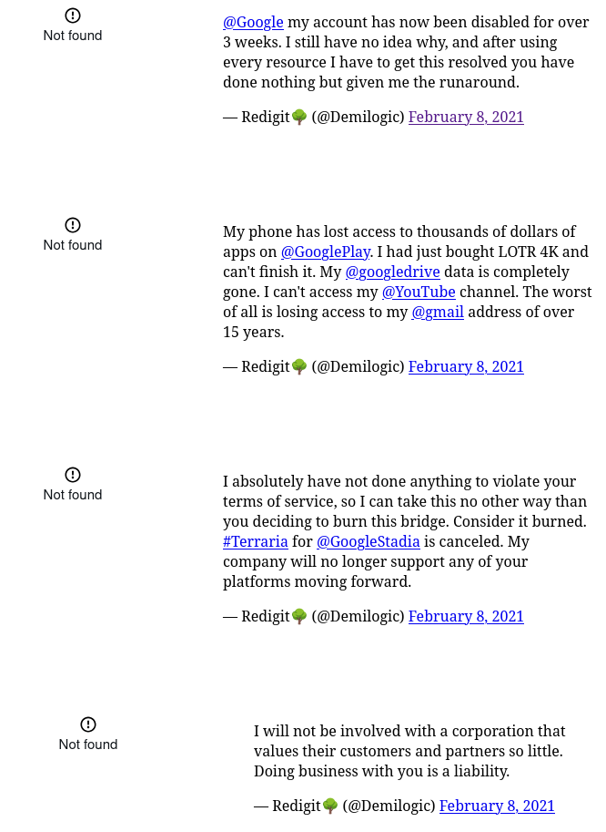 screenshot of Tweets made by @Demilogic regarding their Google account being diabled.