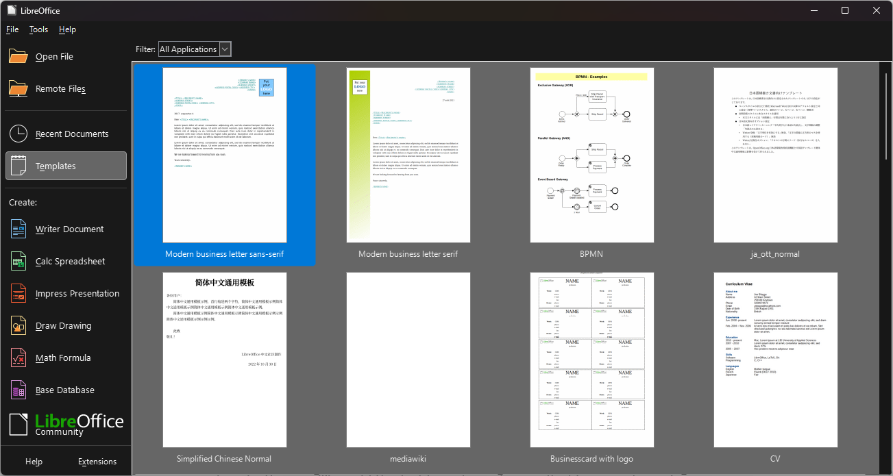 Screenshot of LibreOffice Landing Screen